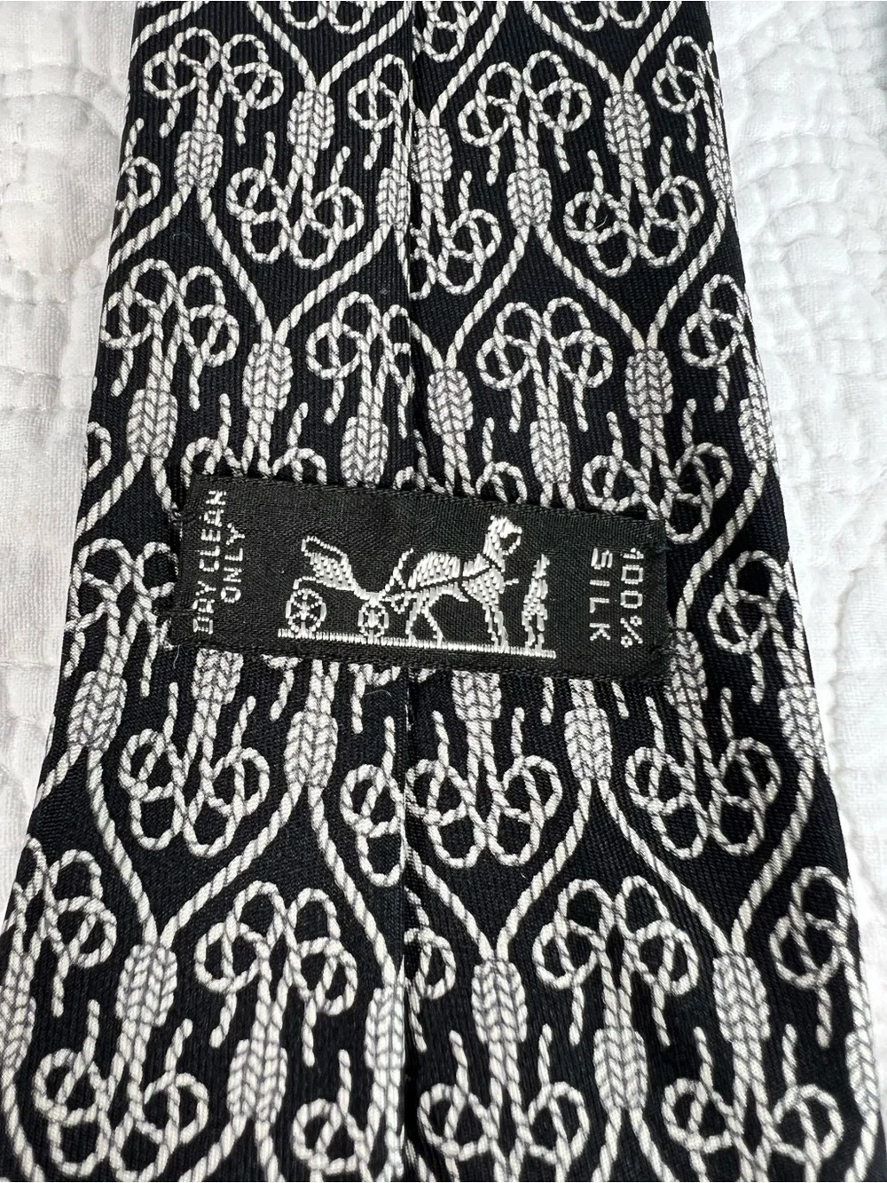Vintage Hermes Silk Tie 694 OA Black White Equestrian Rope Knot Motif France